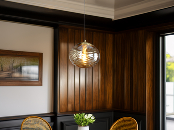 Pendelleuchte NEREIDE Glaskugel Wellenmuster Champagner, Ø 24,8cm