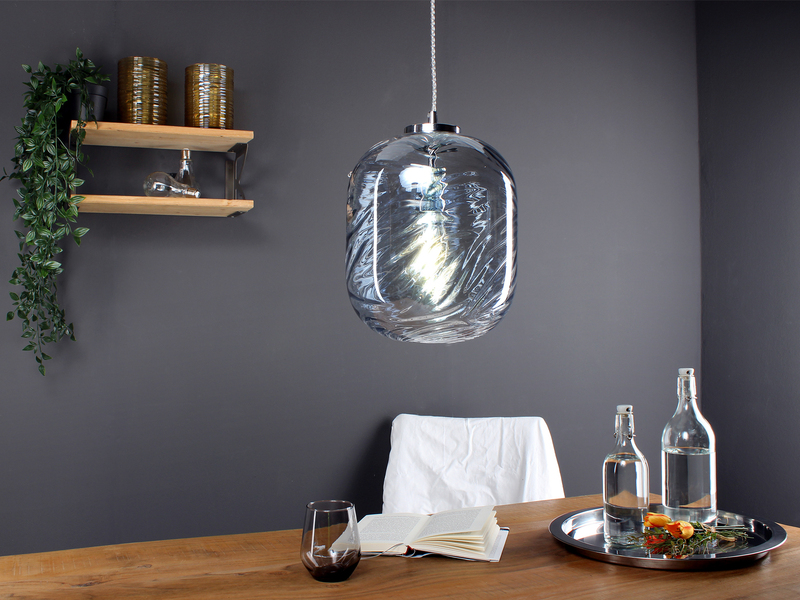 Pendelleuchte NEREIDE einflammig Wellenmuster Glasschirm in Blau, Ø 24,5cm