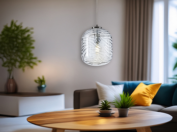 Pendelleuchte NEREIDE einflammig Wellenmuster Glasschirm in Blau, Ø 24,5cm