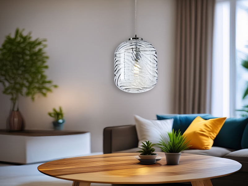 Pendelleuchte NEREIDE einflammig Wellenmuster Glasschirm in Blau, Ø 24,5cm