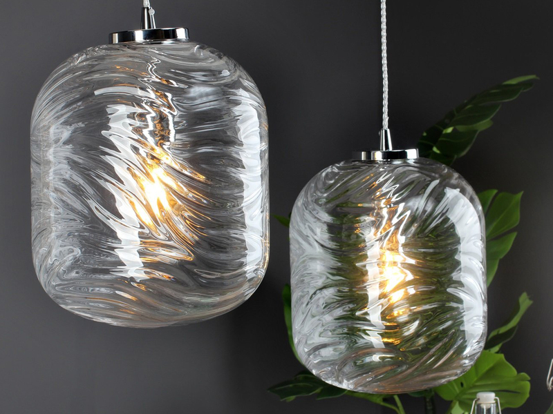 Pendelleuchte NEREIDE 2-flammig Wellenmuster Klarglas Transparent, Höhe 250cm