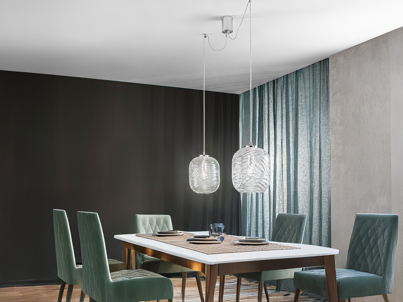 Pendelleuchte NEREIDE 2-flammig Wellenmuster Klarglas, Abhängung bis 250cm