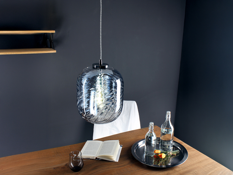 LED Pendelleuchte einflammig Wellenmuster Glasschirm in Blau, Ø 24,5cm