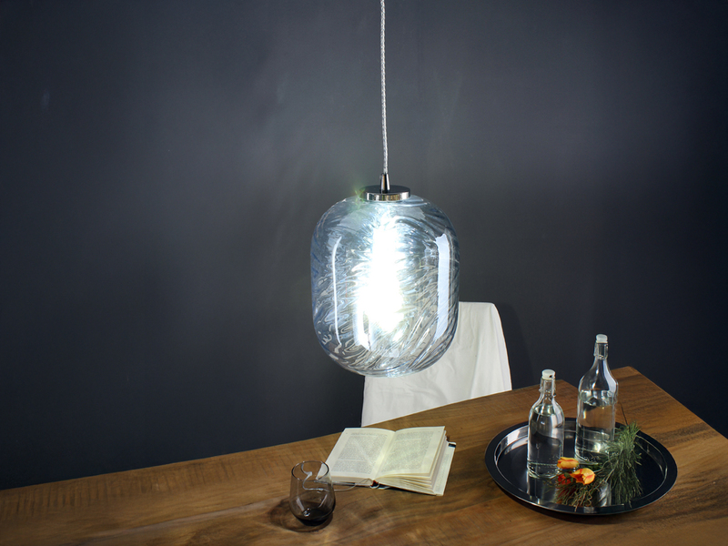 LED Pendelleuchte einflammig Wellenmuster Glasschirm in Blau, Ø 24,5cm