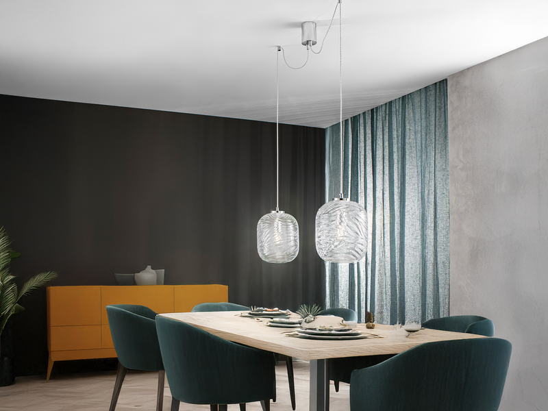 LED Pendelleuchte 2-flammig Wellenmuster Klarglas, Abhängung bis 250cm