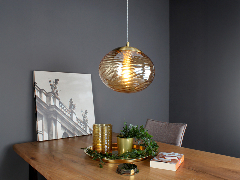 LED Pendelleuchte Glaskugel Wellenmuster Champagner, Ø 24,8cm