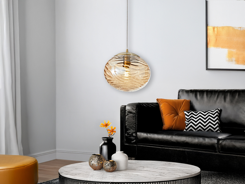 LED Pendelleuchte Glaskugel Wellenmuster Champagner, Ø 24,8cm