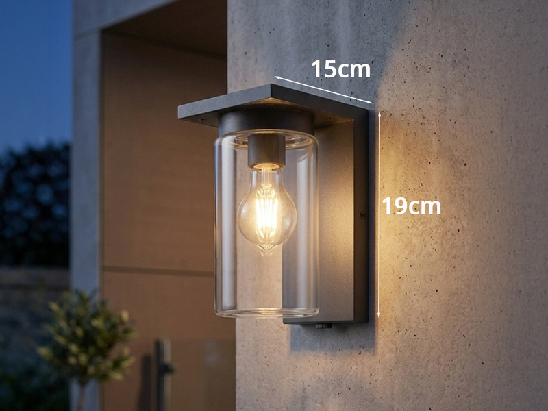 Außenwandleuchte Schwarz mit E27 LED & Glas Lampenschirm, Höhe 19cm