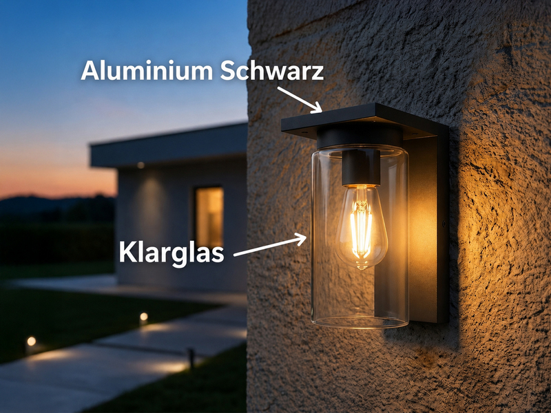 Außenwandleuchte Schwarz mit E27 LED & Glas Lampenschirm, Höhe 19cm