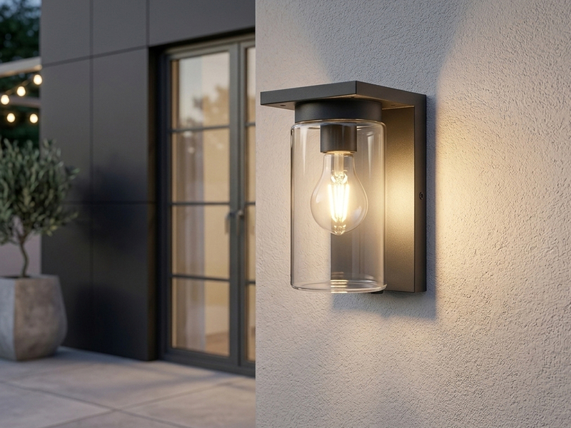 Außenwandleuchte Schwarz mit E27 LED & Glas Lampenschirm, Höhe 19cm