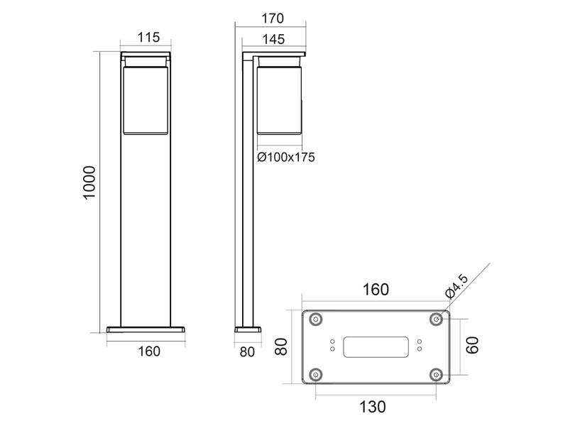 Wegeleuchte aus Aluminium Schwarz mit E27 LED & Glasschirm, Höhe 100cm