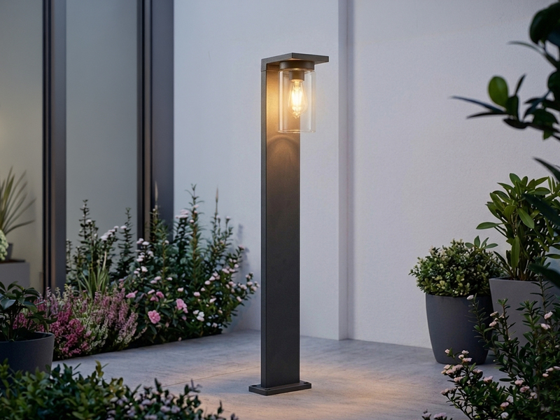 Wegeleuchte aus Aluminium Schwarz mit E27 LED & Glasschirm, Höhe 100cm