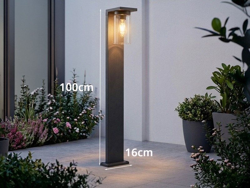 Wegeleuchte aus Aluminium Schwarz mit E27 LED & Glasschirm, Höhe 100cm