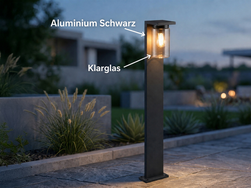 Wegeleuchte aus Aluminium Schwarz mit E27 LED & Glasschirm, Höhe 100cm