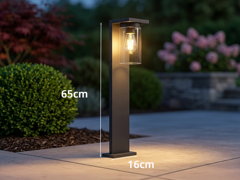 Wegeleuchte aus Aluminium Schwarz mit E27 LED & Glasschirm, Höhe 65cm