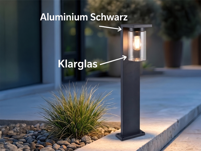 Wegeleuchte aus Aluminium Schwarz mit E27 LED & Glasschirm, Höhe 65cm