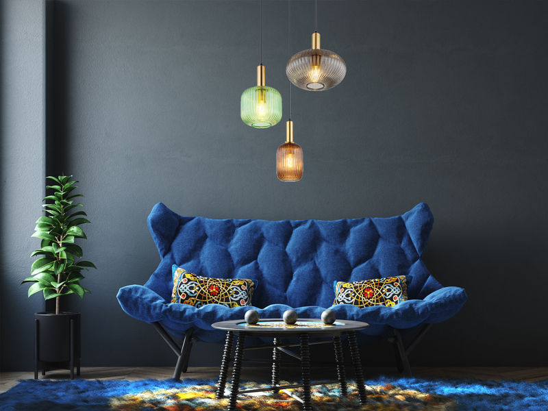 Cluster Pendelleuchte NORMY 3-flammig aus Rillenglas Bunt, Ø 55cm