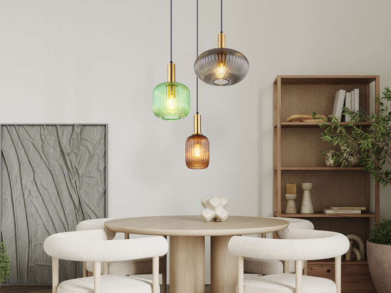 Cluster Pendelleuchte NORMY 3-flammig aus Rillenglas Bunt, Ø 55cm