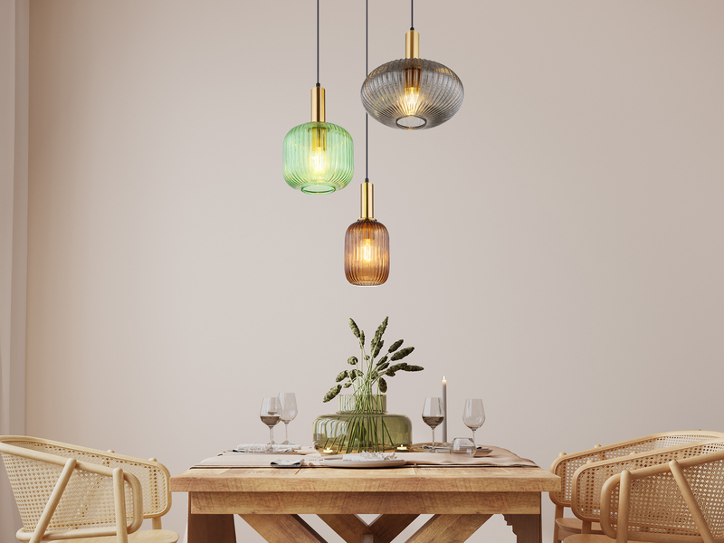 Cluster Pendelleuchte NORMY 3-flammig aus Rillenglas Bunt, Ø 55cm