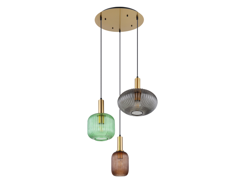 Cluster Pendelleuchte NORMY 3-flammig aus Rillenglas Bunt, Ø 55cm