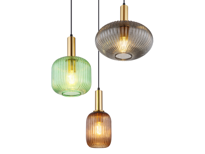 Cluster Pendelleuchte NORMY 3-flammig aus Rillenglas Bunt, Ø 55cm