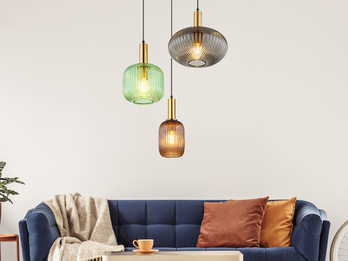 Cluster Pendelleuchte NORMY 3-flammig aus Rillenglas Bunt, Ø 55cm