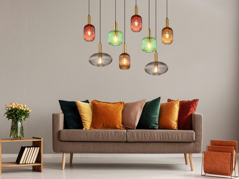 Pendelleuchte NORMY mehrflammig lang aus Rillenglas Bunt, Breite 125cm