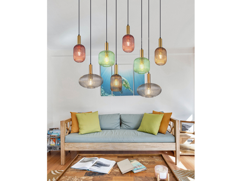Pendelleuchte NORMY mehrflammig lang aus Rillenglas Bunt, Breite 125cm
