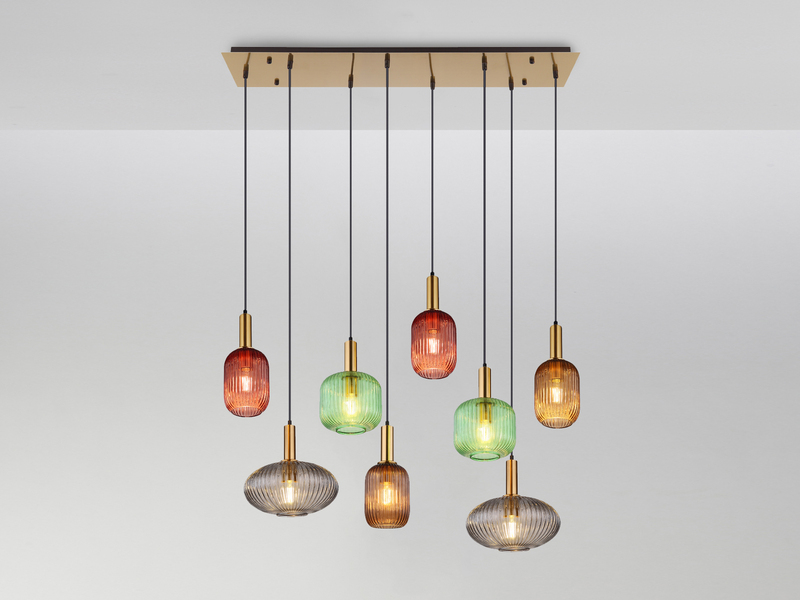 Pendelleuchte NORMY mehrflammig lang aus Rillenglas Bunt, Breite 125cm