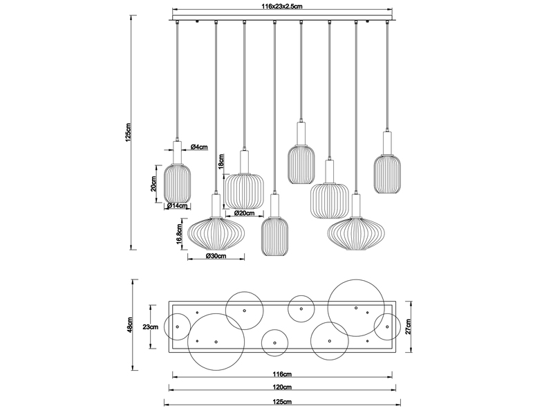 Pendelleuchte NORMY mehrflammig lang aus Rillenglas Bunt, Breite 125cm