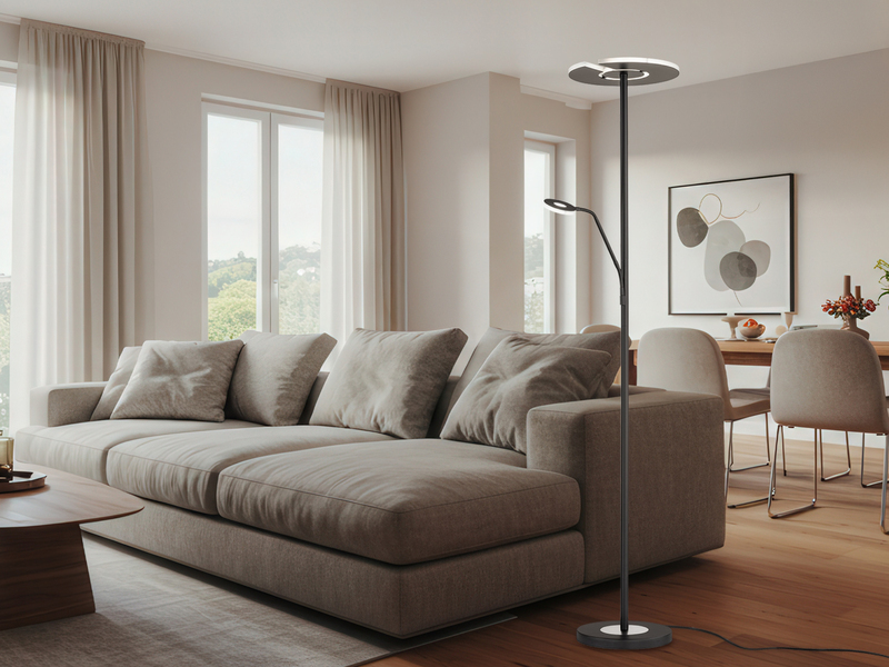 LED Deckenfluter DENT Schwarz mit Leselampe dimmbar, Höhe 180cm