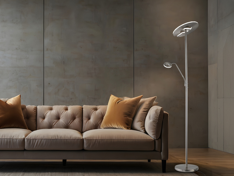 LED Deckenfluter DENT Silber mit Leselampe dimmbar, Höhe 180cm