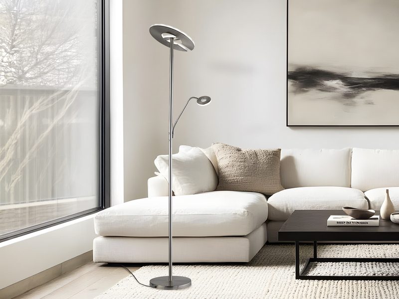 LED Deckenfluter DENT Silber mit Leselampe dimmbar, Höhe 180cm