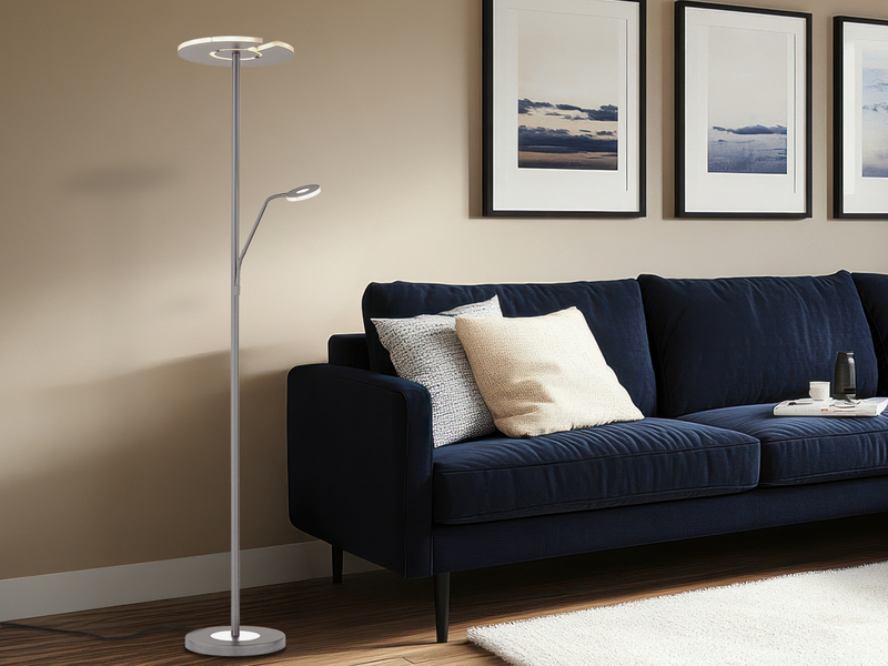 LED Deckenfluter DENT Silber mit Leselampe dimmbar, Höhe 180cm