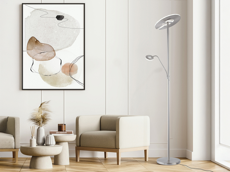 LED Deckenfluter DENT Silber mit Leselampe dimmbar, Höhe 180cm