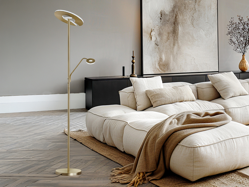 LED Deckenfluter DENT Messing mit Leselampe dimmbar, Höhe 180cm