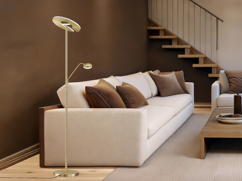 LED Deckenfluter DENT Messing mit Leselampe dimmbar, Höhe 180cm