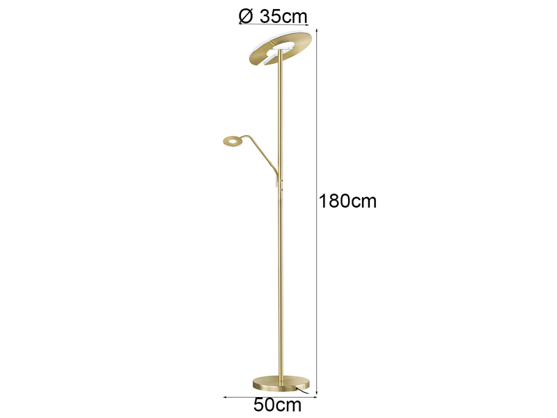 LED Deckenfluter DENT Messing mit Leselampe dimmbar, Höhe 180cm