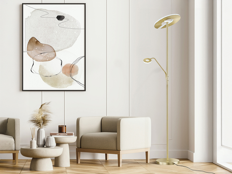 LED Deckenfluter DENT Messing mit Leselampe dimmbar, Höhe 180cm