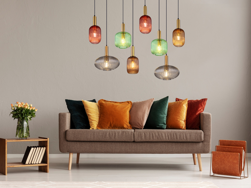 LED Pendelleuchte mehrflammig lang aus Rillenglas Bunt, Breite 125cm