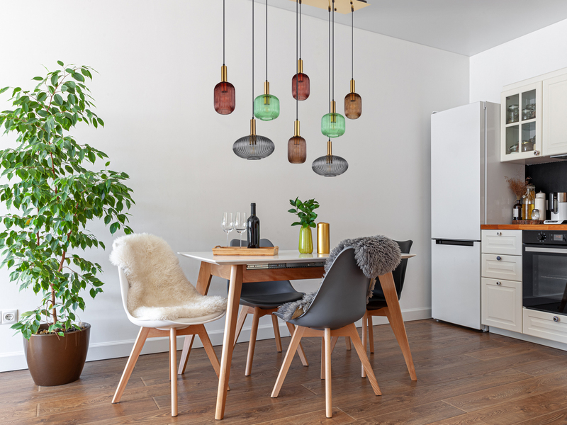 LED Pendelleuchte mehrflammig lang aus Rillenglas Bunt, Breite 125cm