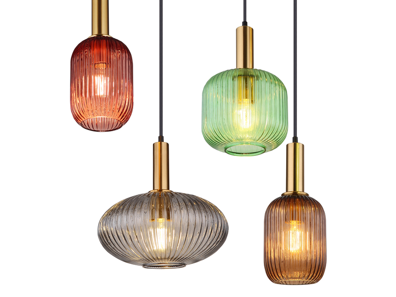 LED Pendelleuchte mehrflammig lang aus Rillenglas Bunt, Breite 125cm