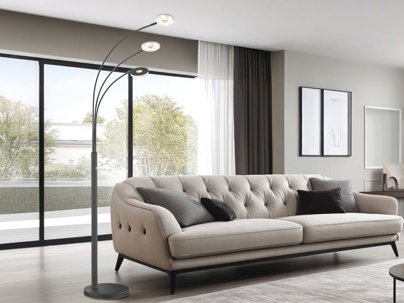 Große LED Bogenlampe DENT dimmbar Design Schwarz, Höhe 185cm