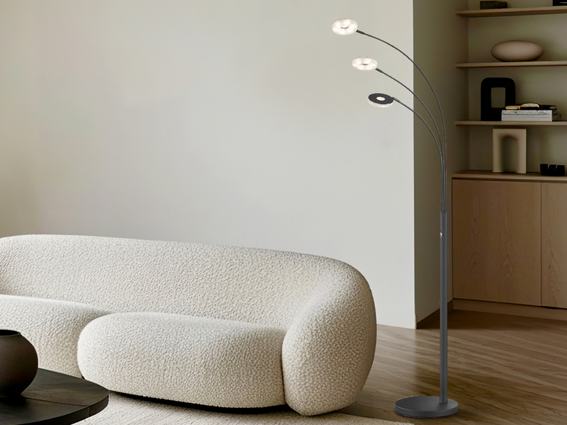 Große LED Bogenlampe DENT dimmbar Design Schwarz, Höhe 185cm