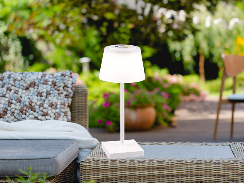 Akku LED Outdoor Tischleuchte SANCHEZ Weiß mit RGBW, Höhe 30cm