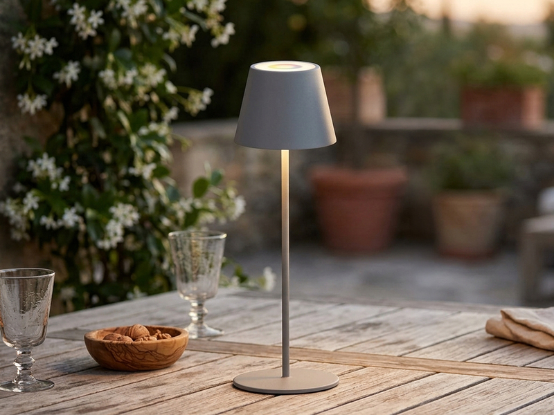 Outdoor Akku Tischlampe COSENZA Silber ohne Kabel mit RGB, Höhe 38cm