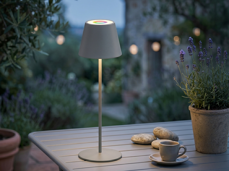 Outdoor Akku Tischlampe COSENZA Grau ohne Kabel mit RGB, Höhe 38cm