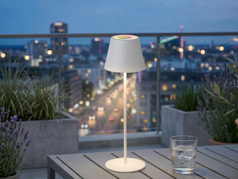 Outdoor Akku Tischlampe COSENZA Weiß ohne Kabel mit RGB, Höhe 38cm