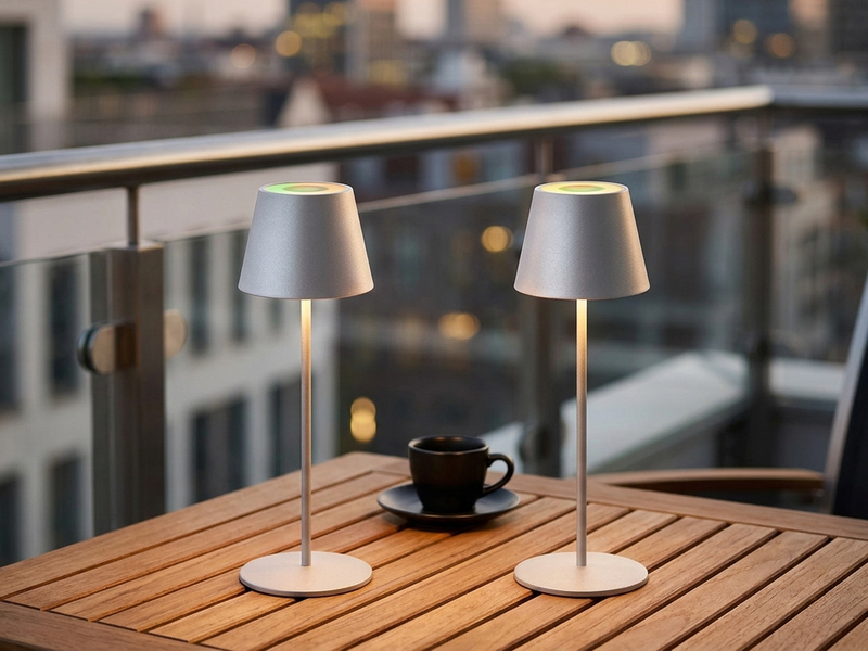 2er SET Outdoor Akku Tischlampen Silber ohne Kabel mit RGB, Höhe 38cm