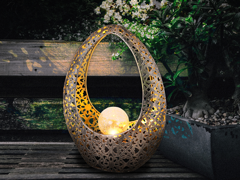 Solarleuchte mit Crackleglas Kugel, Dekorstanzungen Bronzefarben, Höhe 27,5cm